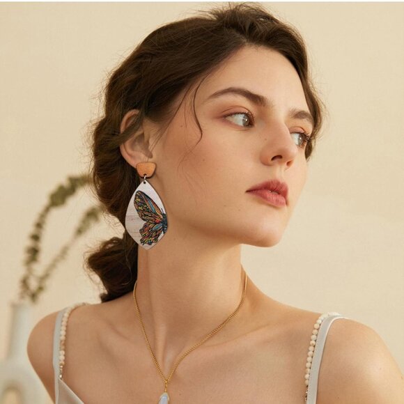 NEW Marisol Colorful Butterfly Boho Wooden Drop Earrings - Picture 2 of 2